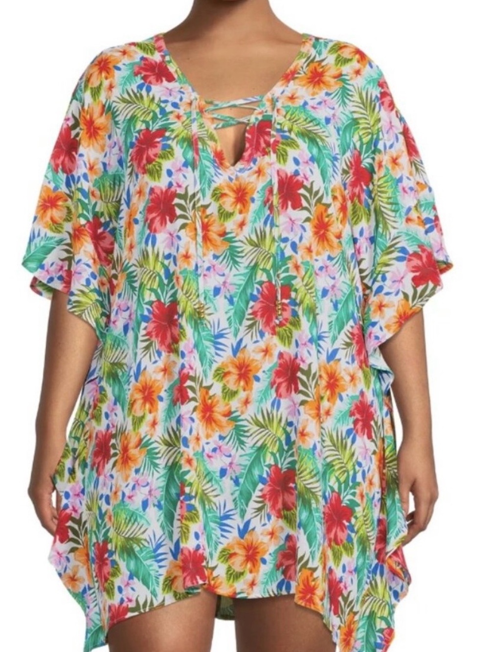 Time and Tru Tropical Lace-Up V-Neck Tunic - Red, Orange, Green